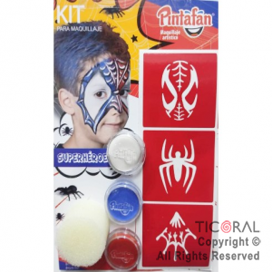 KIT PARA MAQUILLAJE MIX SUPERHEROE FUTBOL 2 COLORES+STRASS+PINCEL+STENCIL AUTOADHESIVO 650-05 x 1